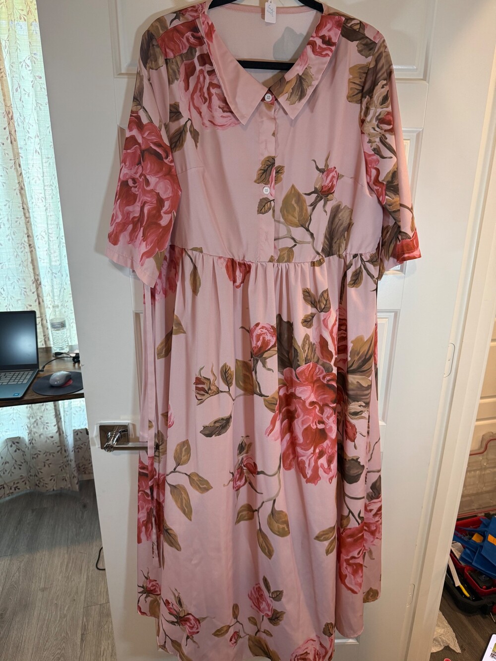 SHEIN Floral Pink Maxi Dress with Button Front and Collar
